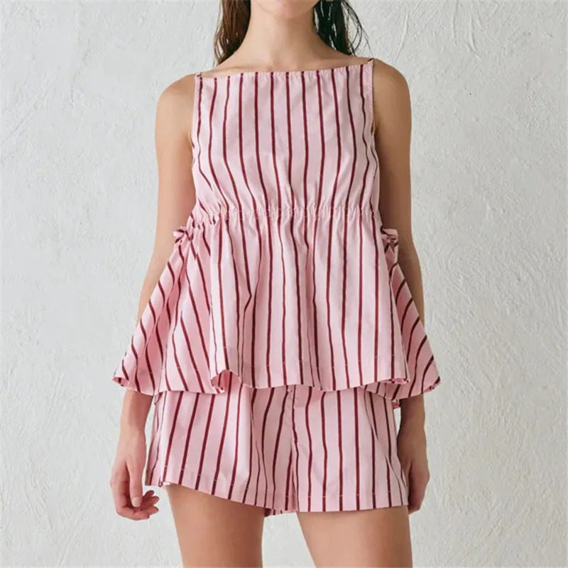 Y2K Retro Striped Plaid Two Piece Set Sleeveless Peplum Tank Top and Shorts with Drawstring Waist for Summer Vacation Beachwear 260612