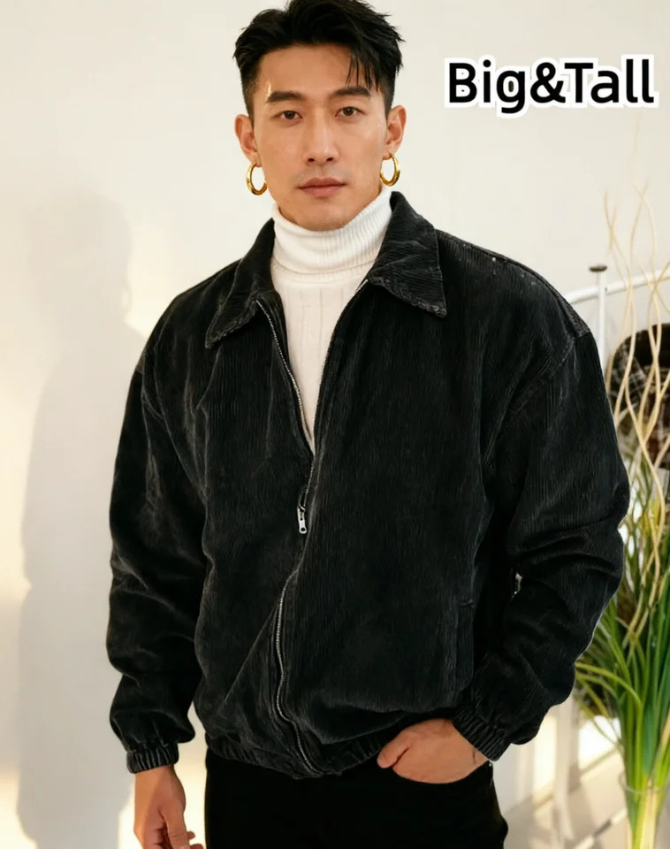 Mens Corduroy Zip-Up Bomber Jacket Turn Down Collar Long Sleeve Casual Vintage Streetwear Coat 260612