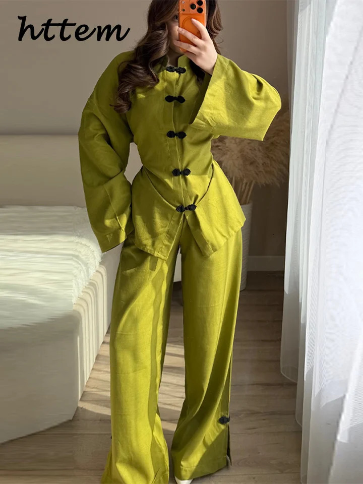 Elegant Womens Frog Buttons Top Pant Set Stand Collar Mandarin Shirt Wide Leg Pants 2026 Spring Summer Lady Holiday Suit 260612BJ