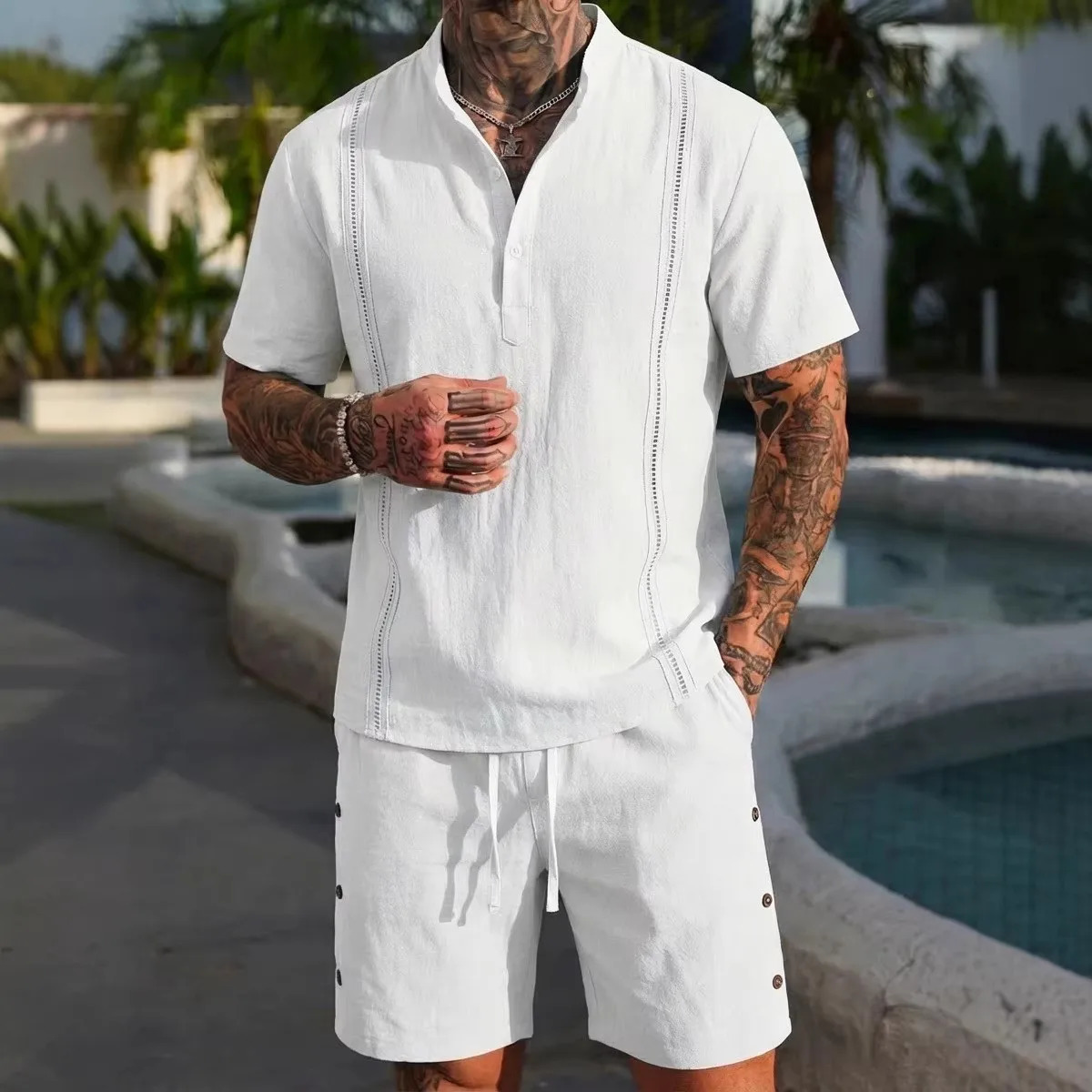 Fashion Men Solid Henley Neck Cotton Linen Short Sleeve Shirt Elastic Shorts Set Breathable Casual Summer 2 Piece Daily Outfit