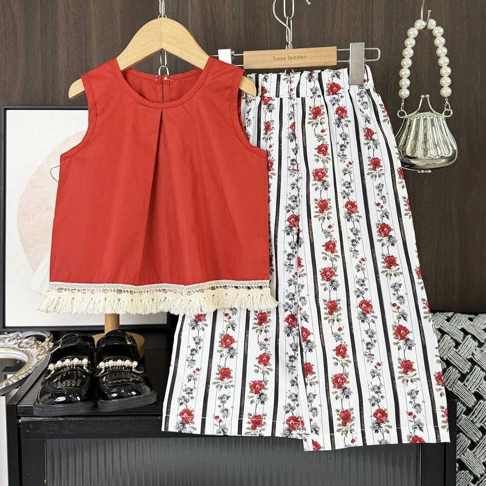 Summer Casual Girls Clothes Korean Version Fashion Simple Children Red Sleeveless Tassel TopFlower Print Pants 2 Pcs SuitT260613