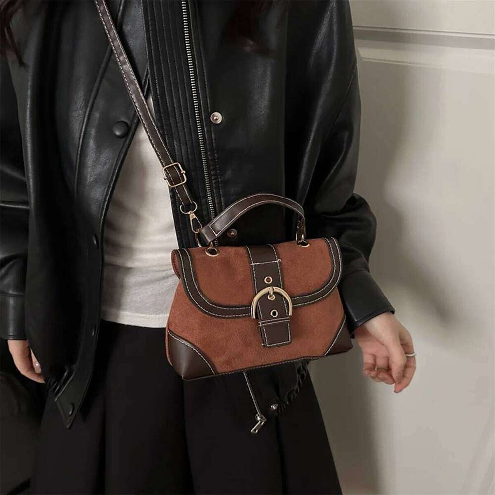 Maillard Tones Elegant Shoulder Bag Mixing Suede Leather with Metal Buckle Flap Magnetic Snap Multifunction Crossbody Commute