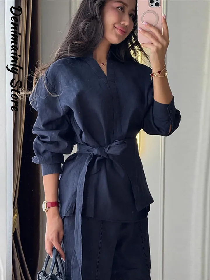 Casual Womens Linen Pants Set 2 Pieces Loose Lace Up Lapel Buttons Shirt Wide Leg Pant 2026 Spring Summer Lady Holiday Suits 260612BJ
