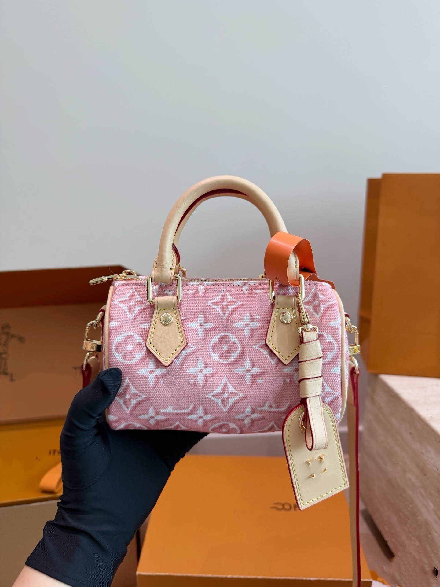 Designer Light Gray Denim Monogram Print Mini Speedyes Barrel Bag With Vachetta Leather Trim Top Handle Detachable Wide Shoulder Strap Multiway Cros