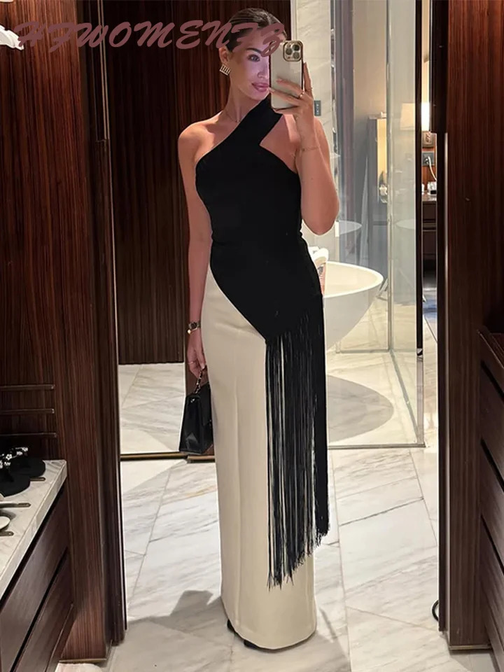 Sexy Tassel Patchwork Women Solid Top Fashion Skewcollar Backless Female Blouse 2026 Spring Summer Asymmetrical Lady Tops 260613