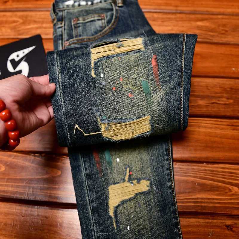 Broken hole patch jeans for men 2025 new mens clothing paint printing trend design retro nostalgic slim fit denim pants T260410