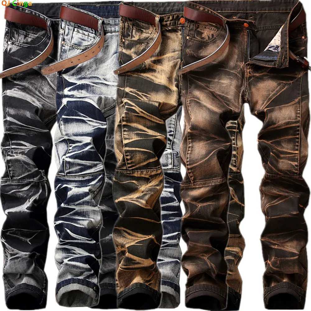 2026 New Retro-Style Mens Coffee Brown Jeans Fashionable Casual Trousers Blue Denim Pants Asian Sizes 29-40 42 T260410