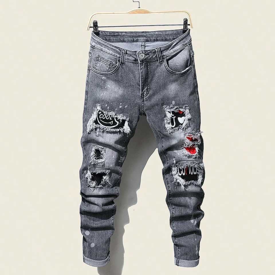 Mens Slim Stretchy Denim Jeans for Men Pants Tearing Patchwork Soft Cotton High Elastic Ripped Hole Casual Male Pants T260410