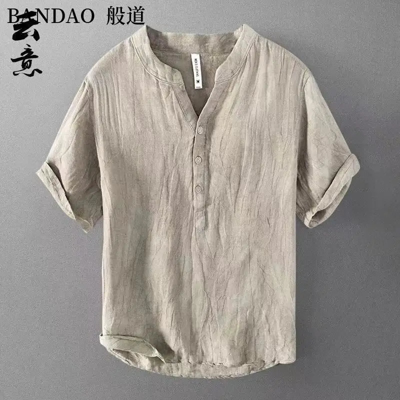 Chinese Style Spring and Summer Loose High-end Mens Linen Short-sleeved Cotton Linen Casual Breathable Shirt Collar T-shirt 260612