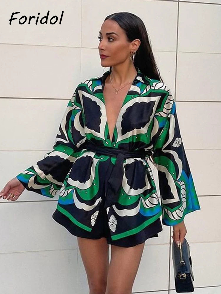 Foridol Oversized Green Print Boho Women Shorts Sets Shirts Shorts Pants Three Pieces Fashion Suits Matching Sets Summer 260612