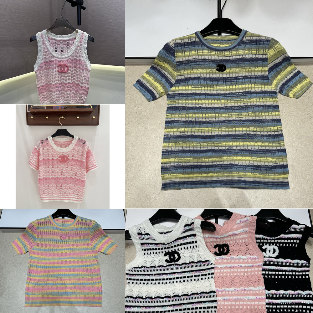 CC Luxury Designer Fashion Women's Crew Neck Logo Sleeveless Pullover, Striped Rainbow Design Knitted Sweater Top T-Shirt Short Sleeve b787
