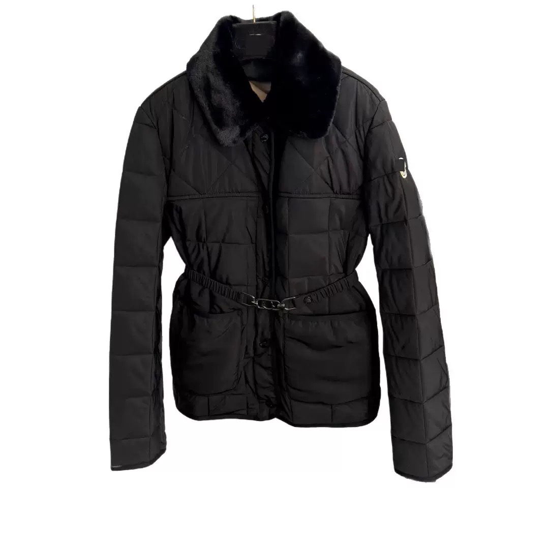 Designer Women's Winter Down Jacket Quilted Warm Coat with Detachable Fur Collar Belted Waist Logo Embroidery Long Sleeve Outerwear