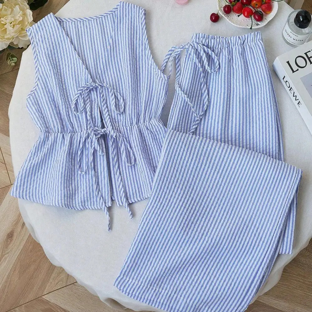 Womens Summer Casual Striped 2 Piece Outfits Tie Front Ruffle Lightweight Sleeveless Tank Top And Wide Leg Pants Lounge Sets 260609