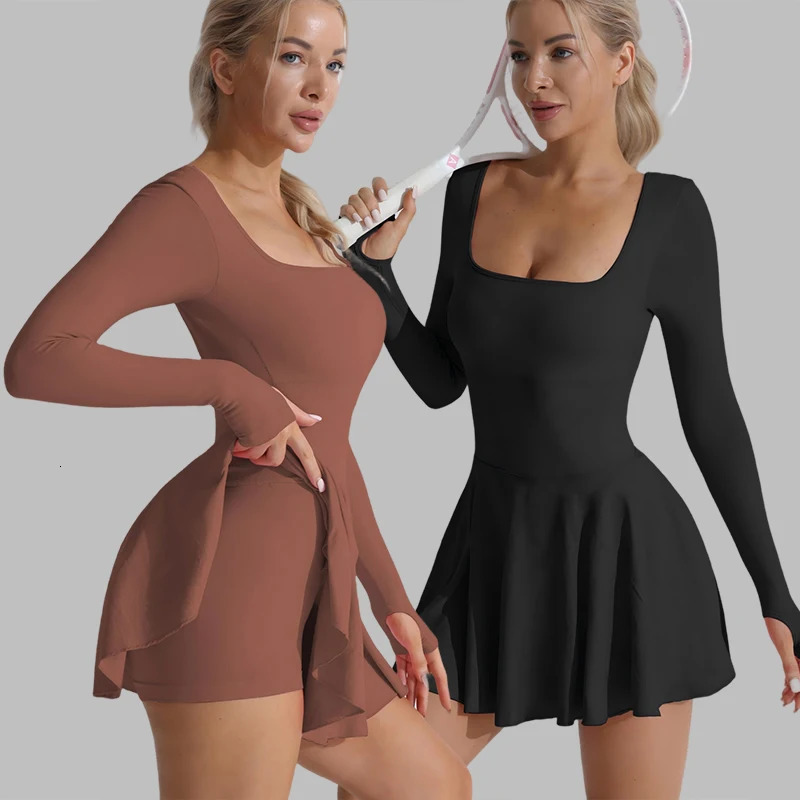 Women Tennis Dress U-Neck Sexy Slim Sports Sets Long Sleeve Golf Skorts Backless Cross Tennis Dress with Short Yoga Suits 260612