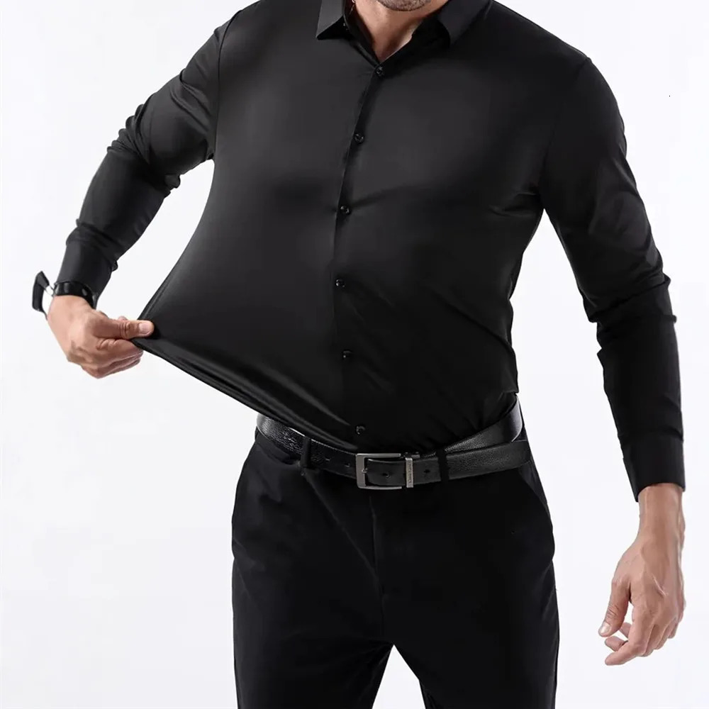 n Mens Solid Shirt Long Sleeve Autumn High Elasticity Casual Wrinkle Free No ironing Business Formal White Blue Social 260608