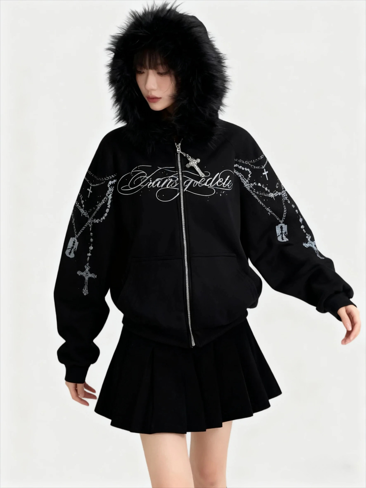 Y2K Harajuku Leisure Joker Fur Collar Zipper Hoodie Women Fashion Trend Loose Sweatshirt Punk Rock Fleece Padded Warm 260612BANJIA
