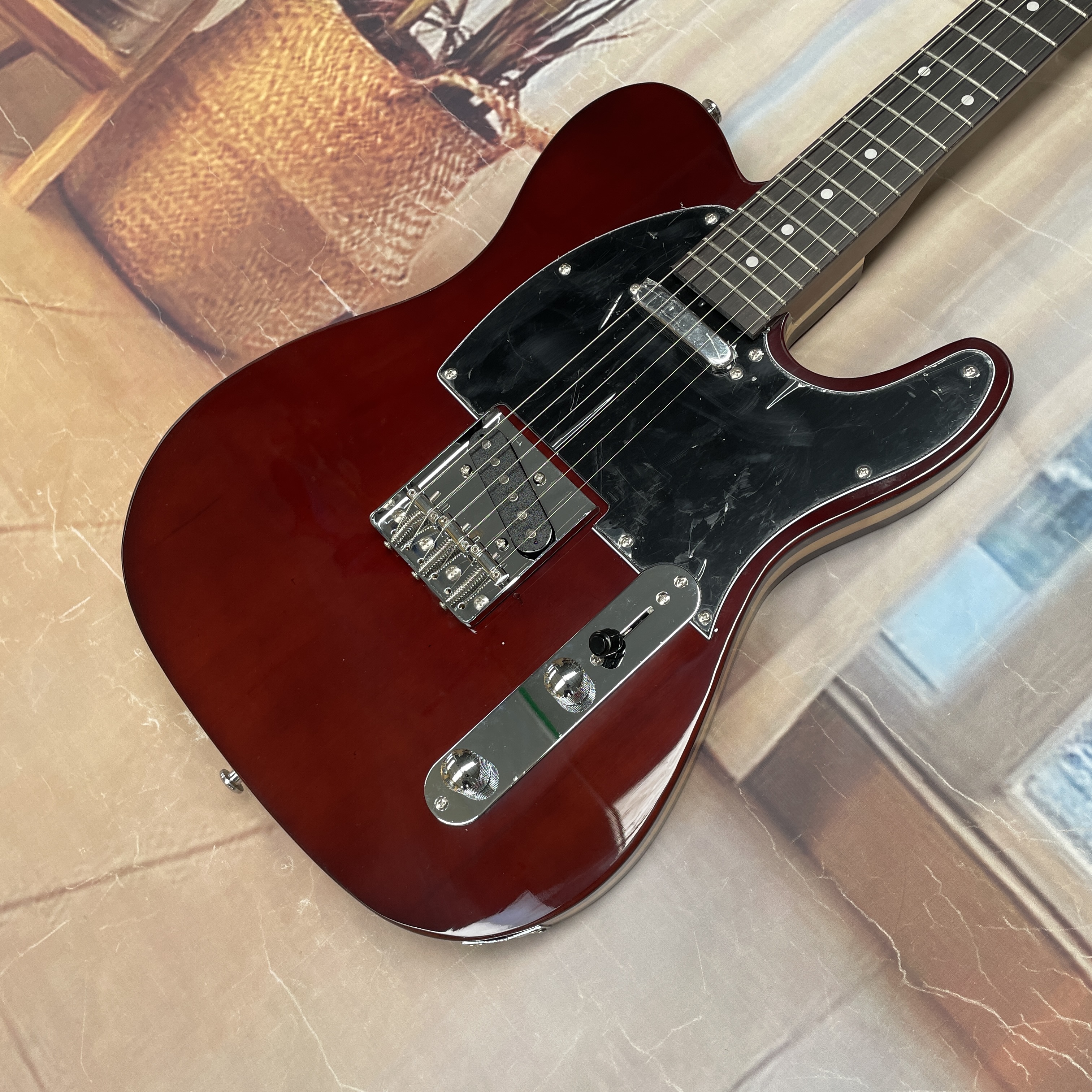6-string reddish-brown electric guitar with black guard, silver hardware, and SS pickups guitars,top choice for vintage enthusiasts guitarra.Free sh