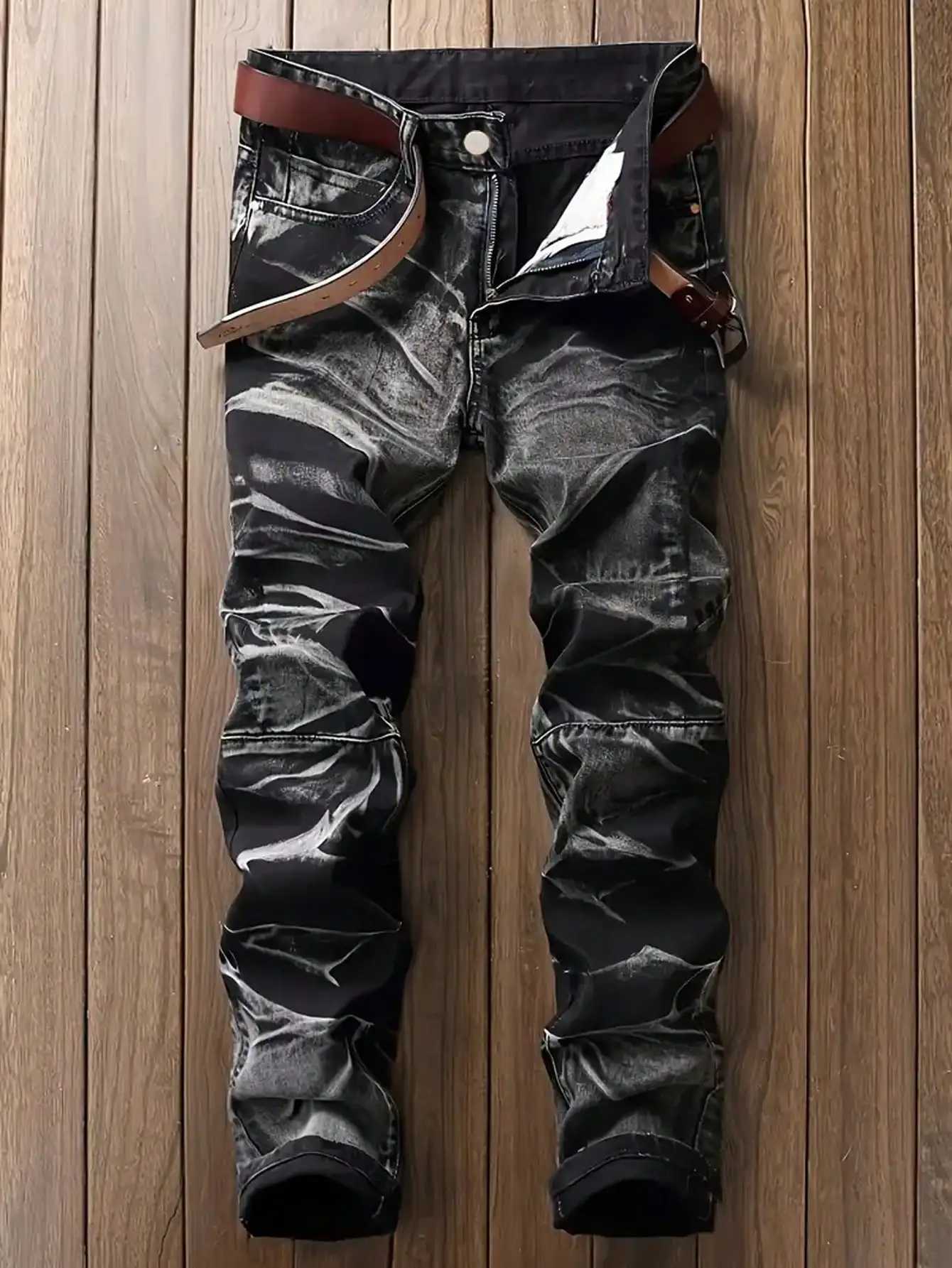 Mens Jeans Black And White Slim Fit Stretch Denim Pants Casual Mid Waist Spring Trousers T260410