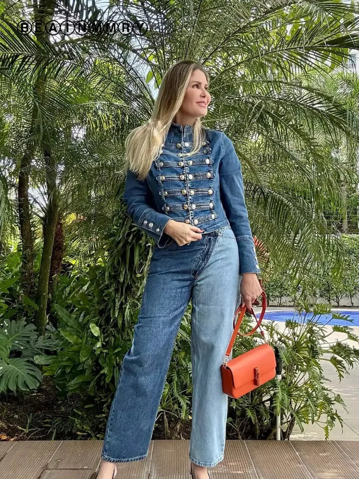 Vintage Denim Military Jacket Women Retro Solid Round Neck Single Breasted Slim Crop Coat 2026 Lady Daily Street Outerwear 260609