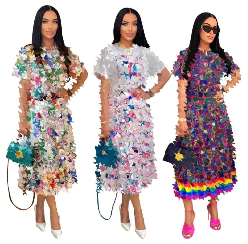 Designer brand women's Dress summer Colorful Two Piece Dress Women Casual T-shirt Top and Pleated Skirt 2Pcs Set Free Ship