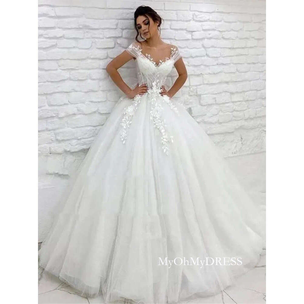 Elegant Ivory Tulle Wedding Dresses Princess A Line Bridal Gowns Sheer Neck Cap Short Sleeves Lace Floral Appliques Bride Dress Back Buttons Robe De