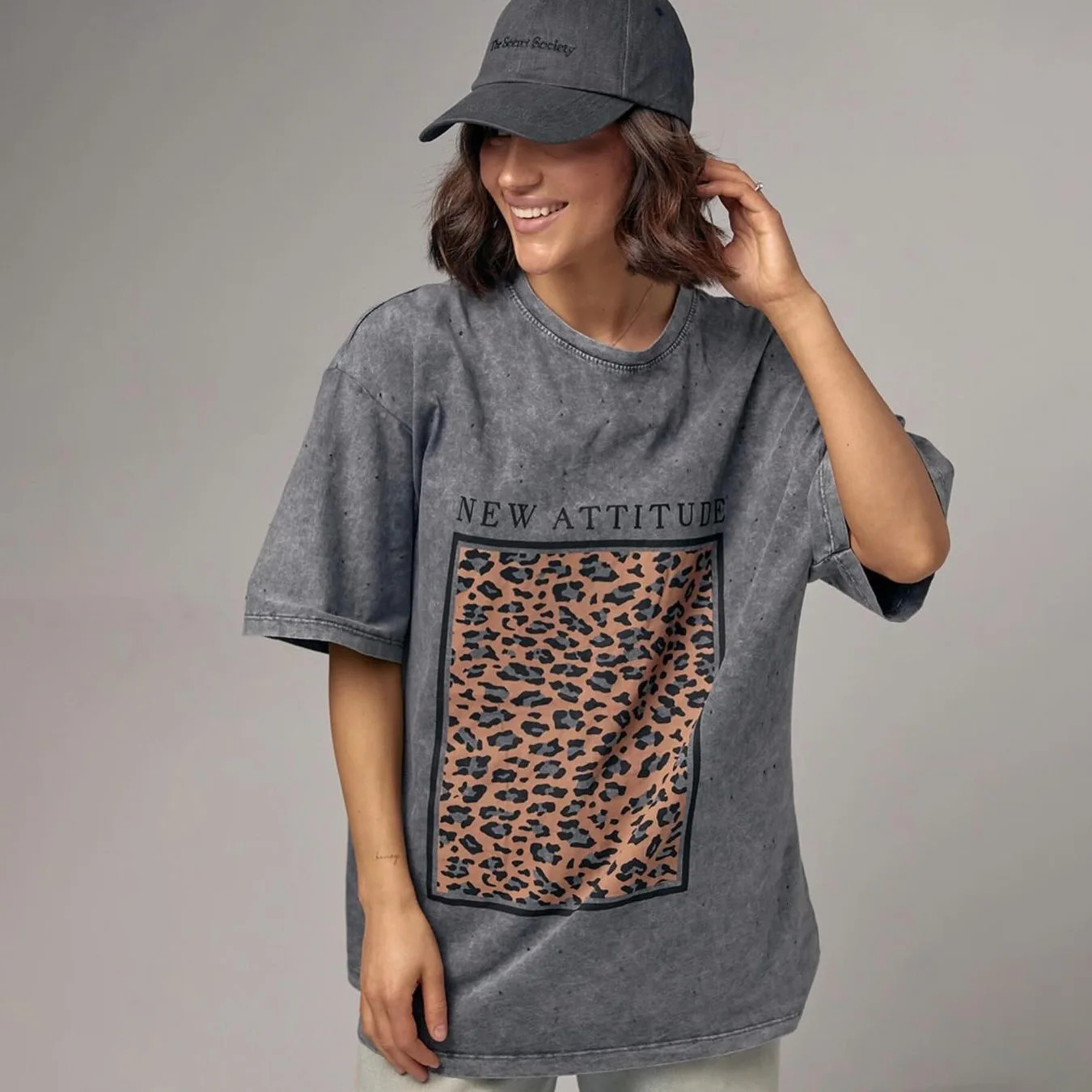 casual versatile 100 heavyweight cotton short-sleeved t-shirt female washed black do old retro American ins loose top 260612