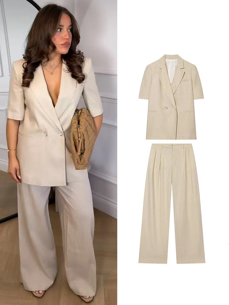TFMLN 2026 Womens Blazer Jacket Suit Elegant Short Sleeve Double Breasted Slim Fit Jackets Straight Pants Lady Set 260609BANJIABANJIA