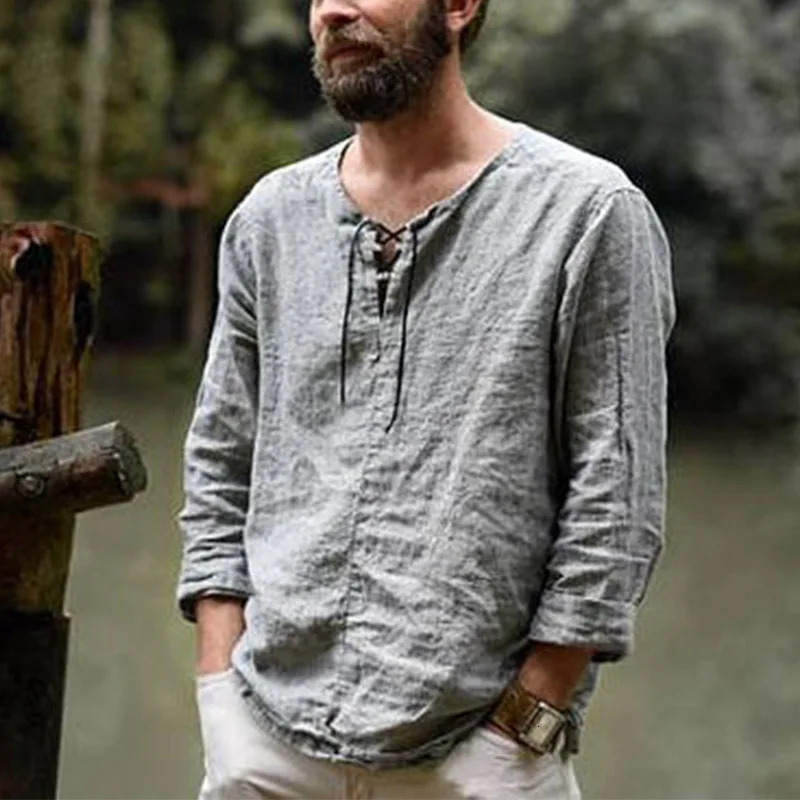 Mens Cotton Linen shirt Male Solid Color V Neck bandage T-shirts Summer Mens Casual Long Sleeves Linen shirt Tops S-3XL 260612