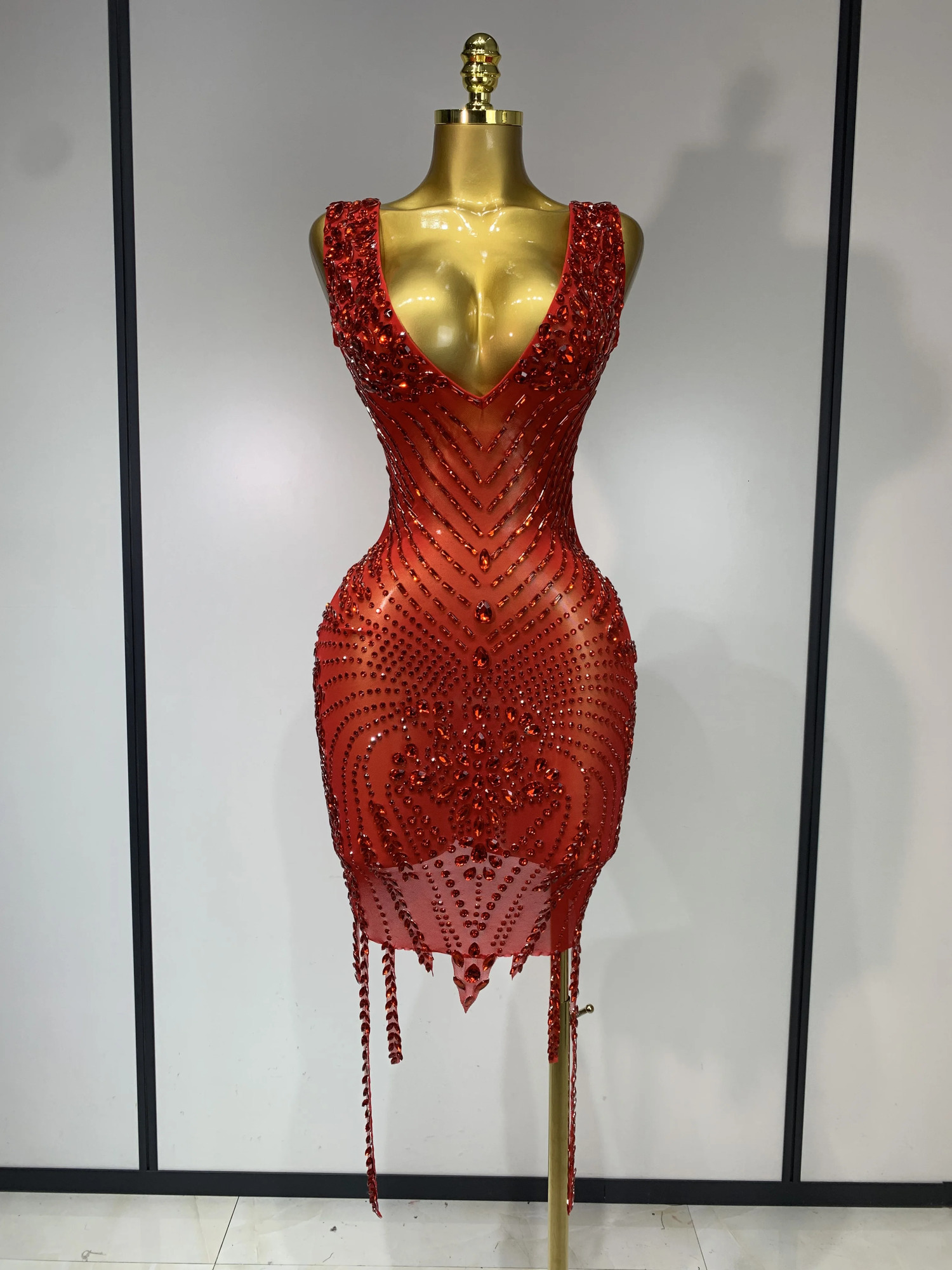 Sparkly Rhinestone Mesh See Through V Neck Dress Women Sexy Performance Stage Costume Evening Party Club Birthday Outfit 260612