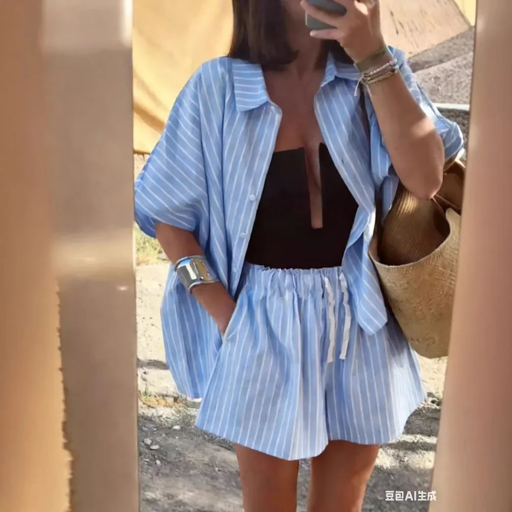 Womens Summer Striped Shirt Pocket Shorts Two-piece Set Fashionable Loose Casual Sets 260612
