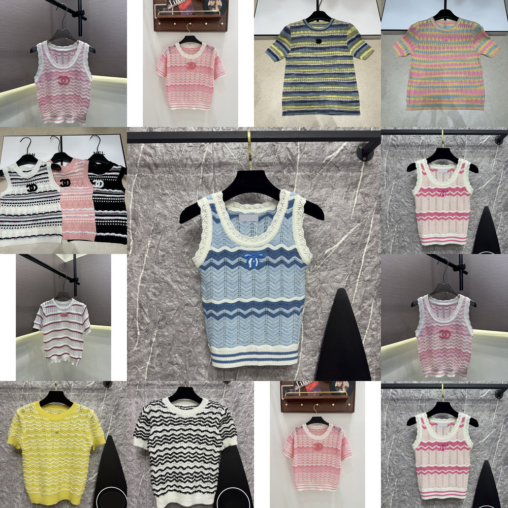 CC Luxury Designer Fashion Women's Crew Neck Logo Sleeveless Pullover, Striped Rainbow Design Knitted Sweater Top T-Shirt Short Sleeve 442