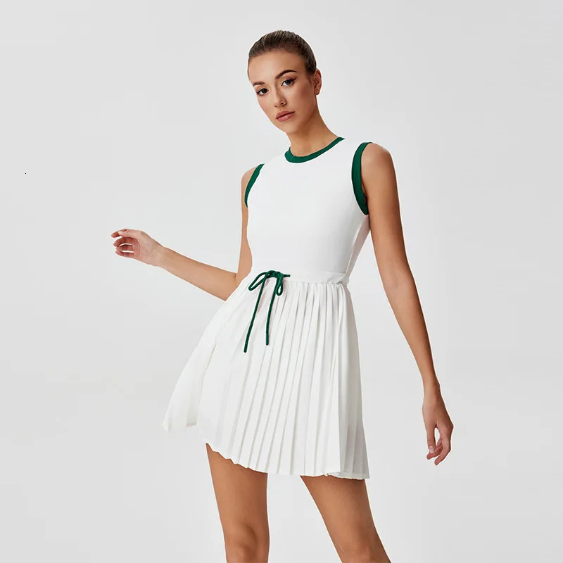 Summer Round Neck One-piece Tennis Dresses for Women White Contrast Sleeveless Drawstring Built-in Shorts Fitness Pleate Skirt 260612