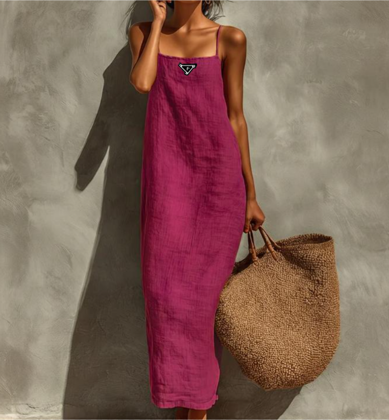 Designer Women's Cotton Linen Loose Date Night Maxi Dress Solid Spaghetti Strap Vintage Lazy Style Square Neck Sleeveless Femme Casual Breathab