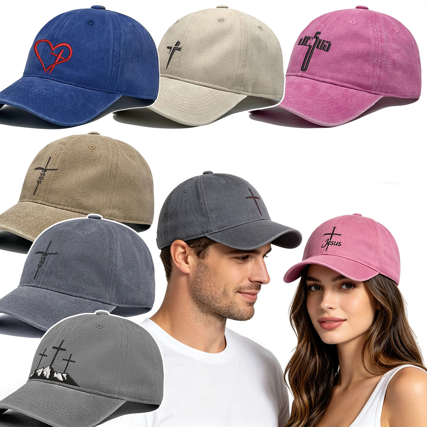 Unisex Cross Embroidered Baseball Cap Vintage Washed Cotton Dad Hat Christian Religious Faith Adjustable Casual Outdoor Hat-0513 260612
