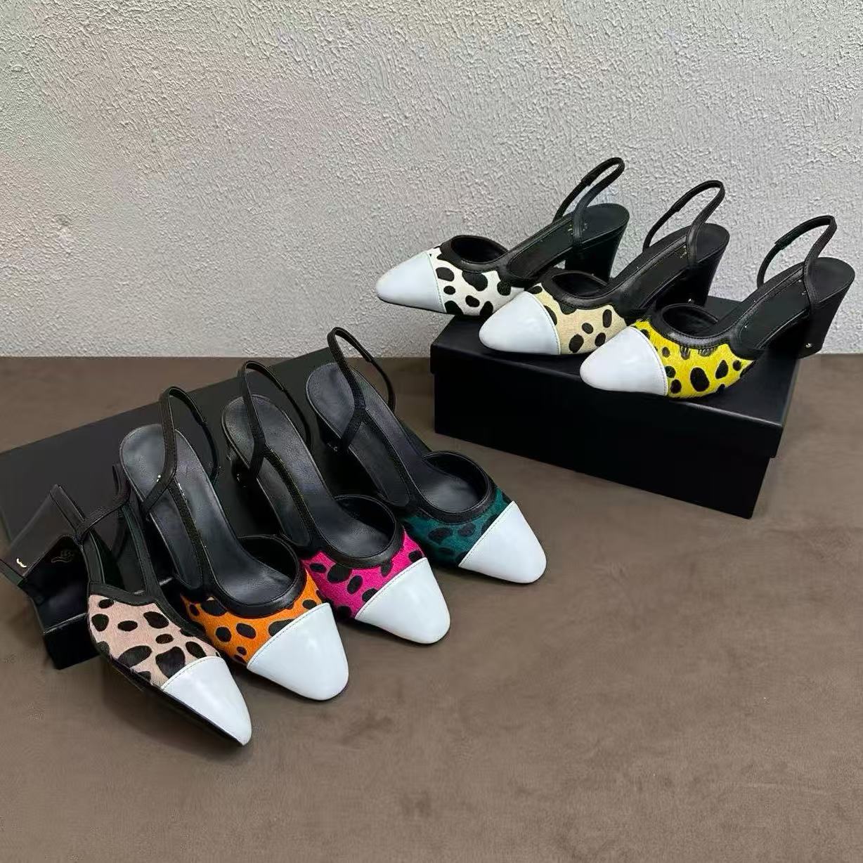 Designer sandals High Quality colored high quality leathersummer thick heels round head slides 100% leather Platform office Fur Animal Prints Shoes