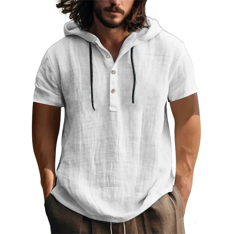 Casual Hood T Shirt Short Sleeve Cotton Linen Flax Blouse Tee Tops Men Holiday Summer Beach Solid Plain Tunic Loose Hoodie Shirt 260612
