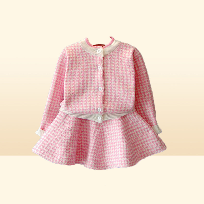 Retail girls Korean knitted plaid skirts suits 2 piece outfits sports tracksuit kids designer tracksuits children clothing Sets
