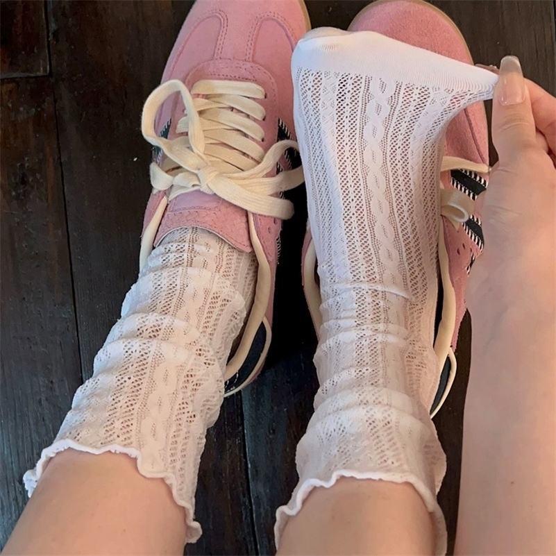 Japanese Kawaii Girls Cute Socks Spring Summer Mesh Hollow Out Women Socks Solid Color Female Harajuku Retro Vintage Long Socks i260612