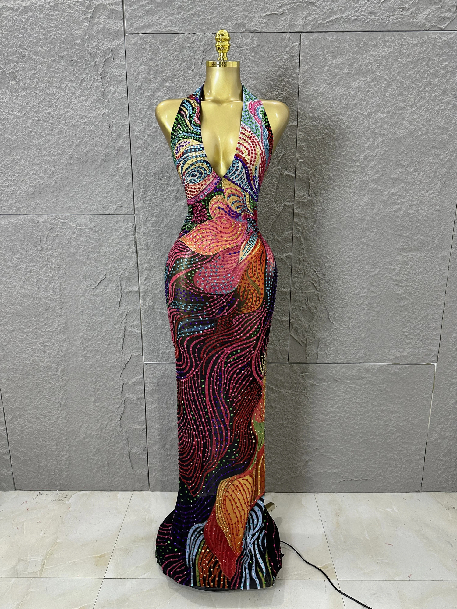 2026 Colorful Rhinestone Print Long Dress Woman Halter Deep V Neck Backless Women Birthday Eveing Party Club Stage Costume 260612