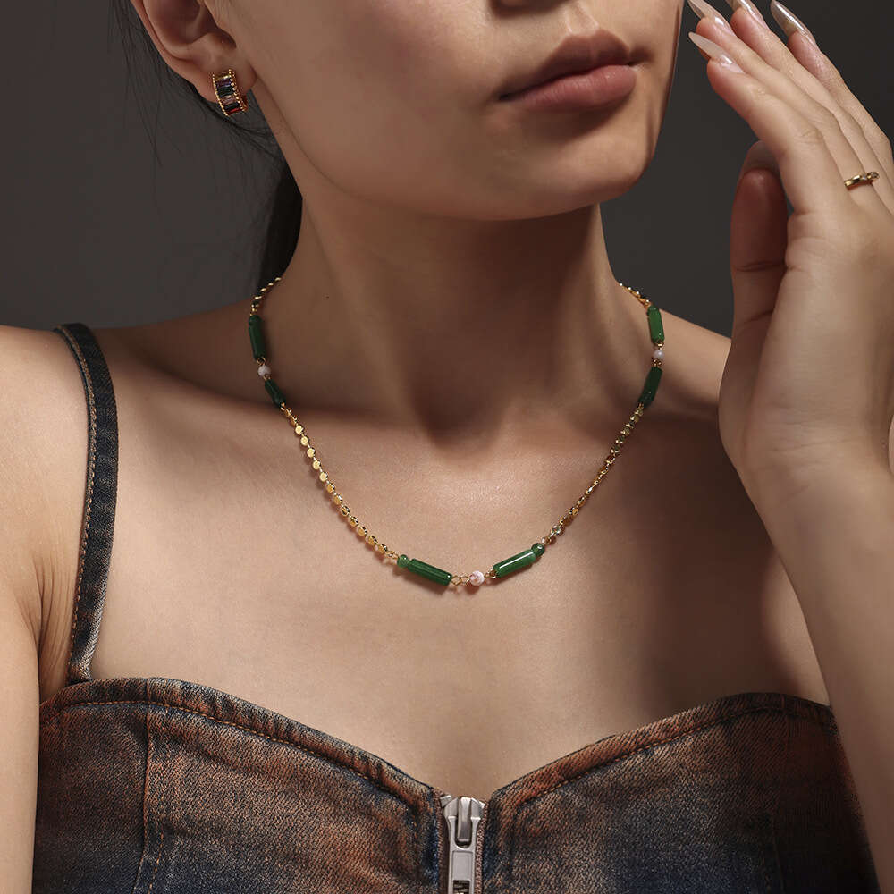 Mysterious Green Aventurine Bamboo Knot Necklace for Women, New Chinese Style, Trendy, Unique, Versatile Stainless Steel Clavicle Chain, Elegant Nec