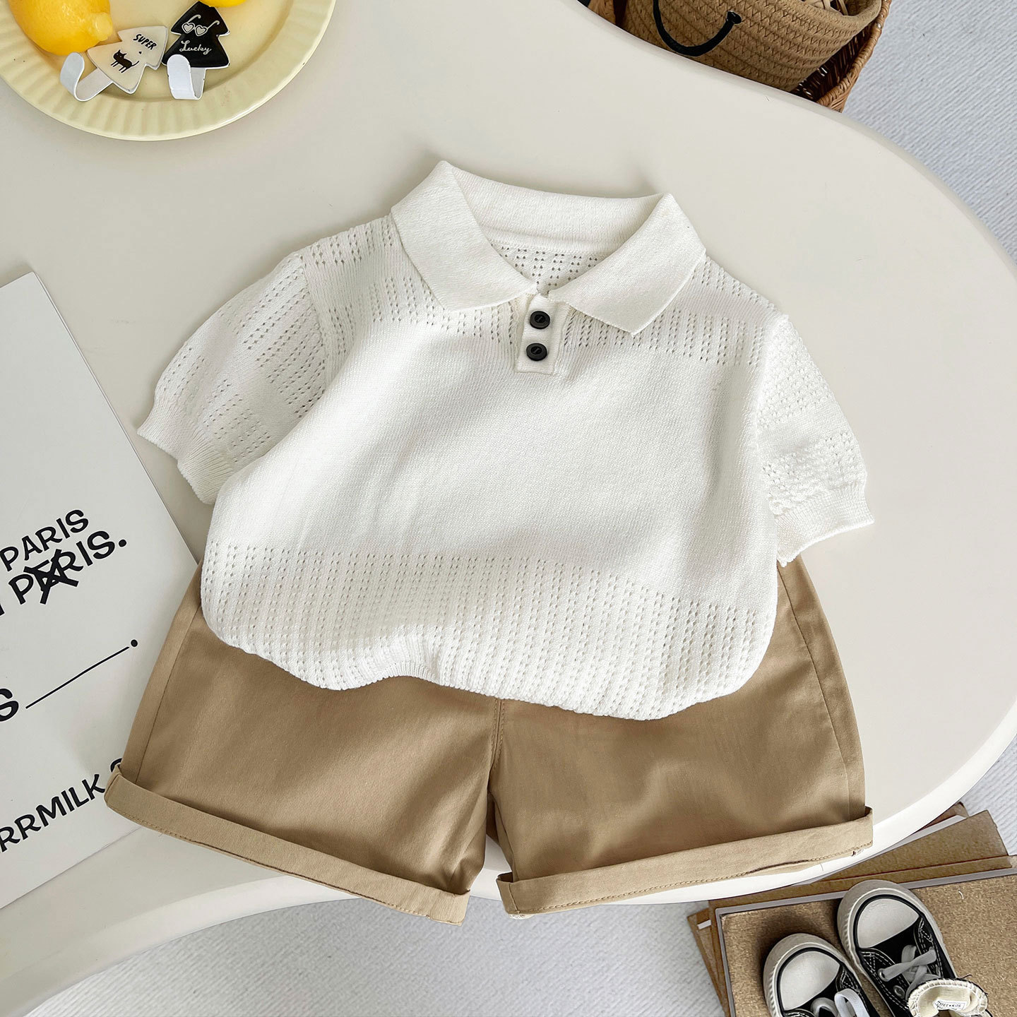 2026 Boys' short-sleeve knit polo shirt set summer new baby boys' collar old money style casual two-piece set
