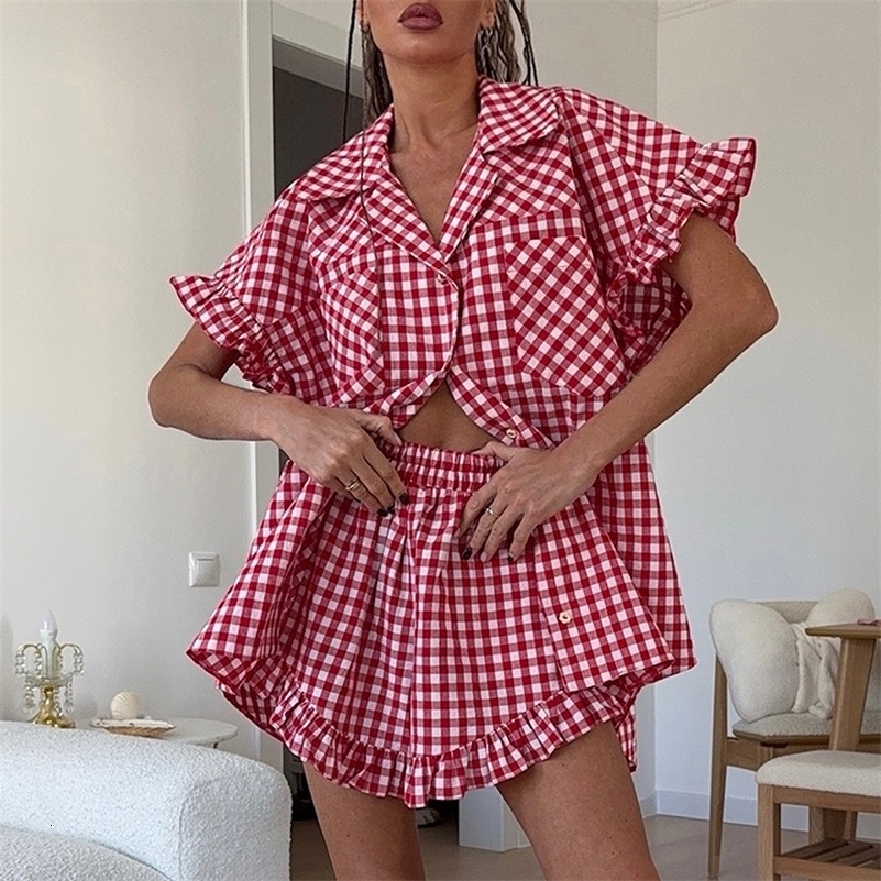 Linad Office Single-Breasted Shirts Elegant Plaid High Waist Shorts With Button Up Shirts 2 Piece Set Street Chic Outfits Summer 260612