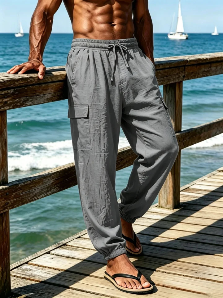 mens lightweight drawstring cargo pants breathable casual loose fit joggers with multi pockets for beach outdoor wear 260612