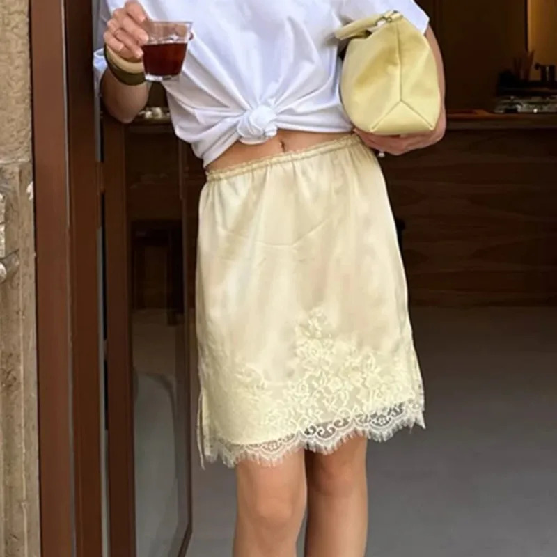 Tuularose Fashion Satin Mini Skirt Womens Lace Patchwork Elegant Skirt Autumn High Waist Solid A-line Lace Skirt Outfits 260612