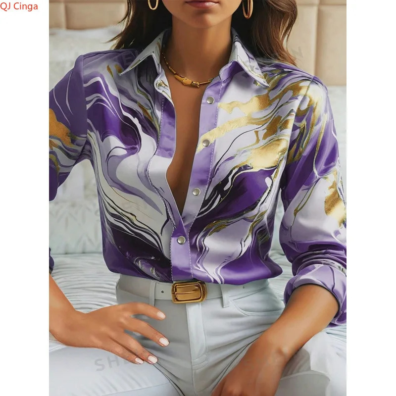 2026 Womens Purple LongSleeve Shirt for Fall SingleButton Collar Print Shirts Fashionable Fitted Top Girls 260613