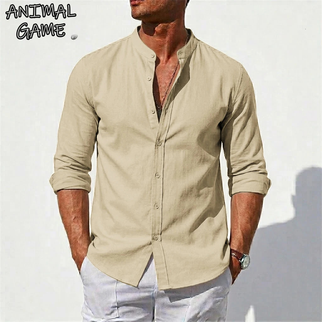 Mens Long Sleeve Shirt Linen TShirt Beach Hawaiian Cotton T-Shirts Summer Solid Work Shirts Button Down Collar y Gym Man 260611