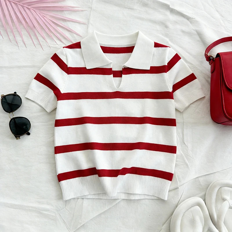 Red White Striped Summer Knit Polo Top Womens Short Sleeve Collared Shirt Lightweight Elastic Casual Daily Knitted Blouse Tee 260613