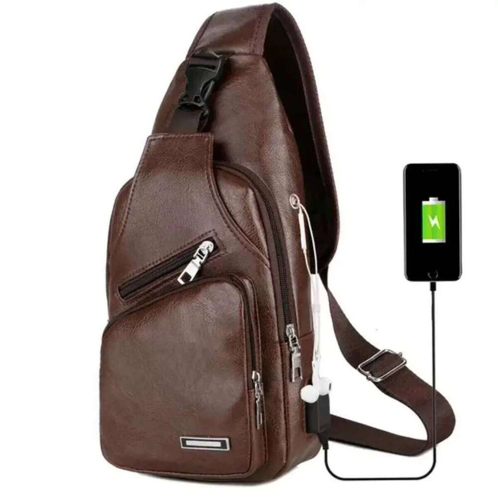 Multifunctional USB Charging Zipper Men Casual Solid Color PU Chest Crossbody Bag Simple Fashionable for Commuting