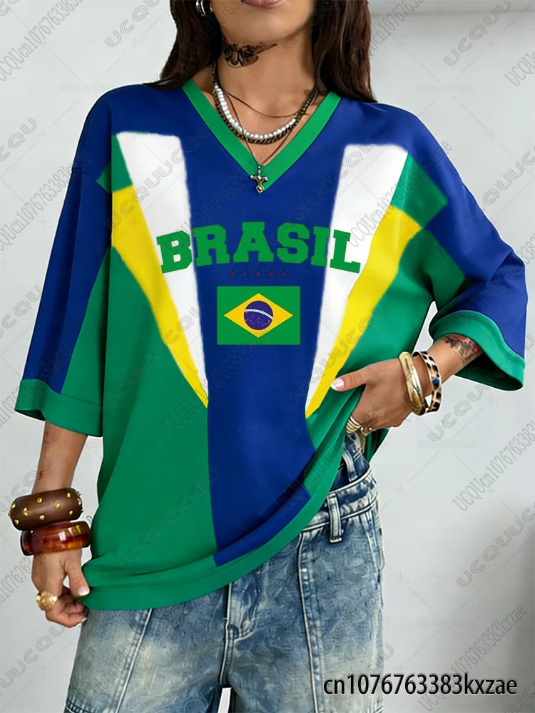 Summer Vintage Brazil Print Women VNeck T Shirt Patchwork Short Sleeve Sports Tees Football Y2K Loose Oversized Tops 260613