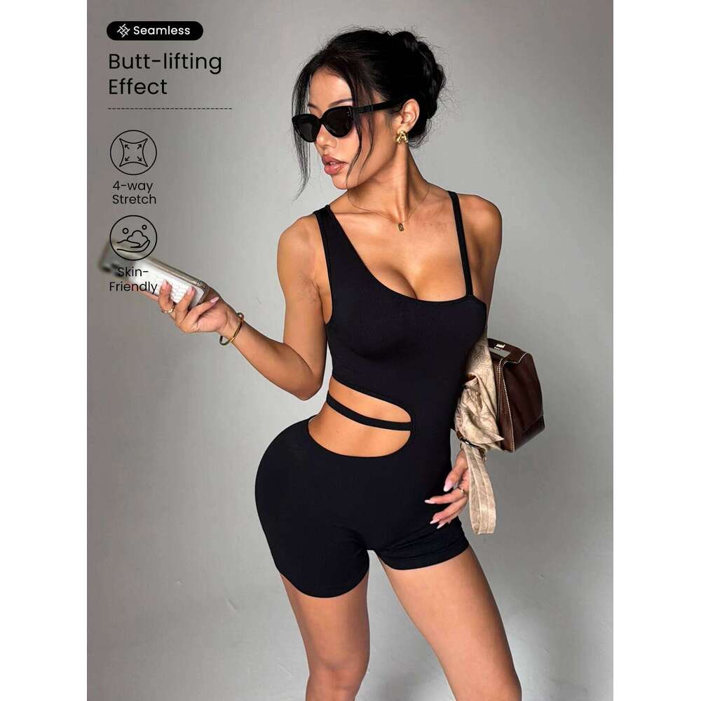 Women's One Shoulder Seamless Yoga Jumpsuit - Sleeveless Asymmetrical Cut Out Bodysuit, Tight Breathable Hip Lifting FitnessWear W260613